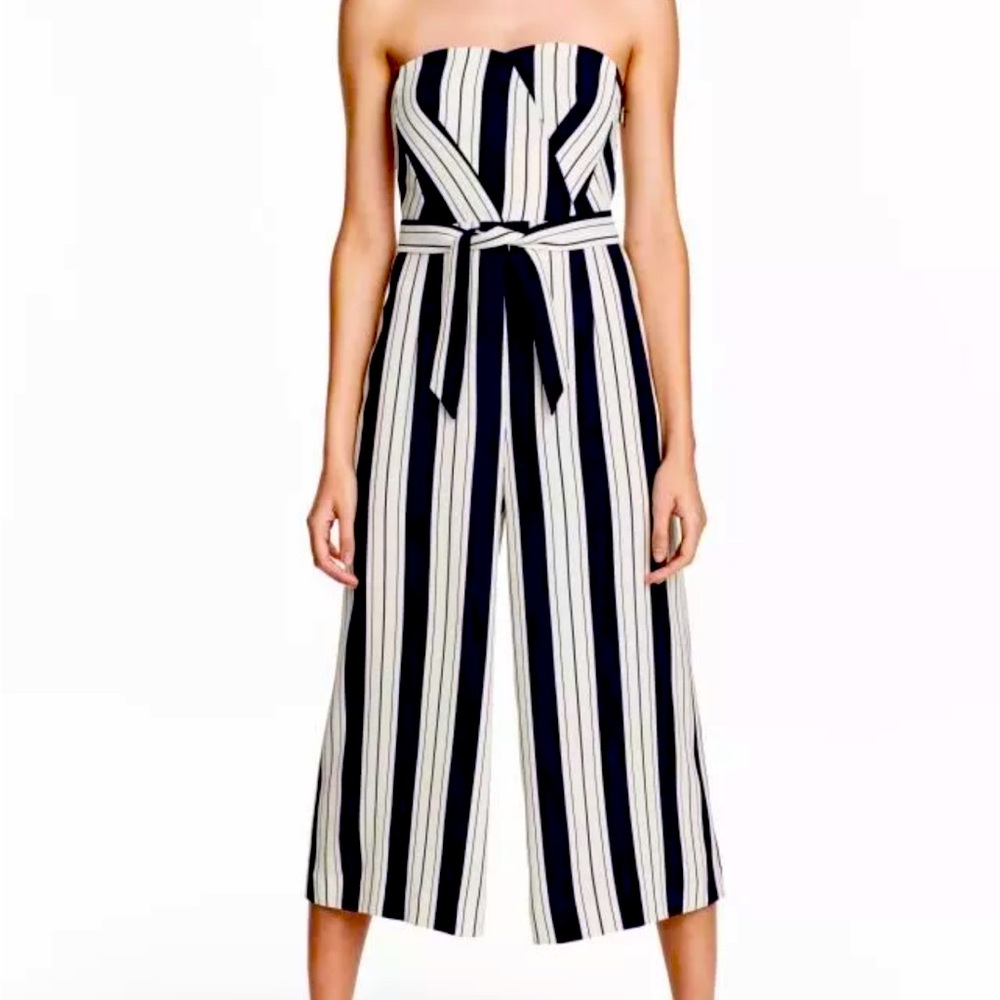 H&M Navy & White Striped Belted Jumpsuit